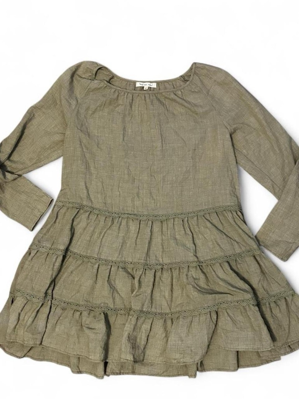 indigo soul Olive Green Tiered Long-Sleeve Mini Dress Womens L Ruffles Babydoll